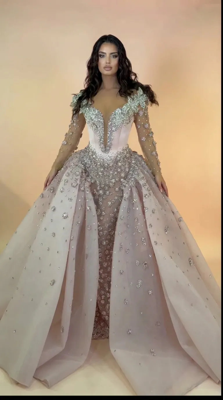 Crystal Embellished Illusion Neckline Long Sleeve Ball Gown with Overskirt