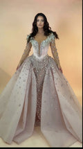 Crystal Embellished Illusion Neckline Long Sleeve Ball Gown with Overskirt