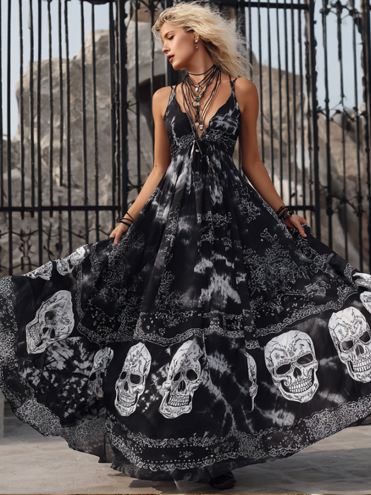 Women's Skeleton Flower Tie-dye Black Floral Print Camisole Dress