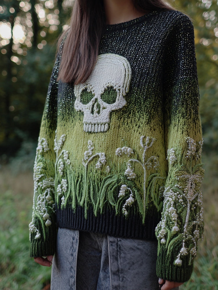 Retro Lily Of The Valley & Skull Embroidered Cozy Knit Sweater