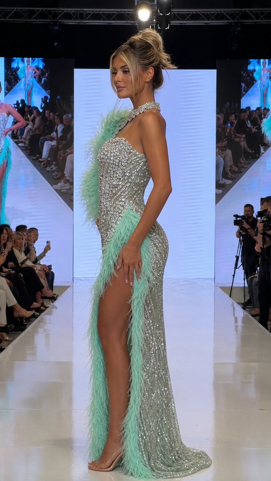 One-Shoulder Feather Trim Sequin Evening Gown with Slit