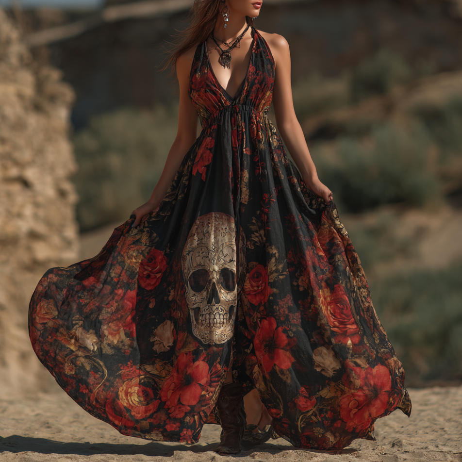 Halloween Theme Rose And Skull Pattern Women's V-neck Long Dress