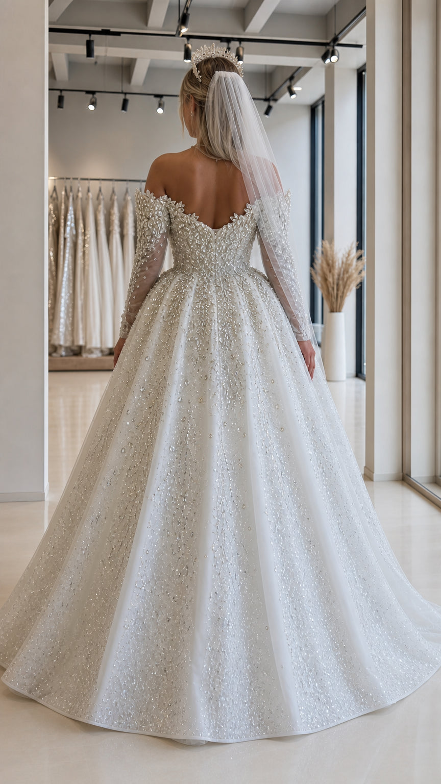 Off-the-Shoulder Long Sleeve Beaded Sequin Ball Gown Wedding Dress