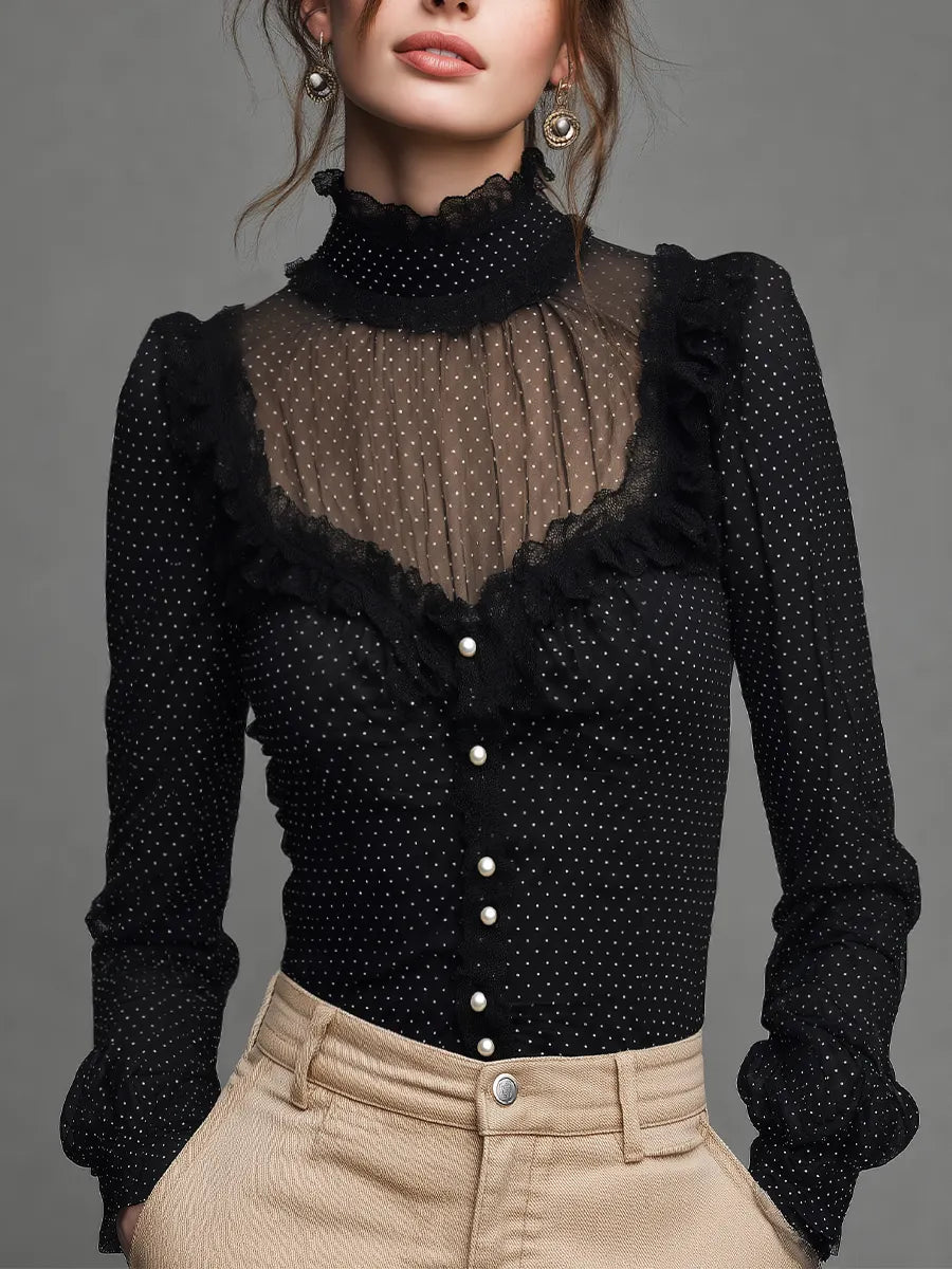 Romantic Black Polka Dot Sheer Lace Ruffle Blouse