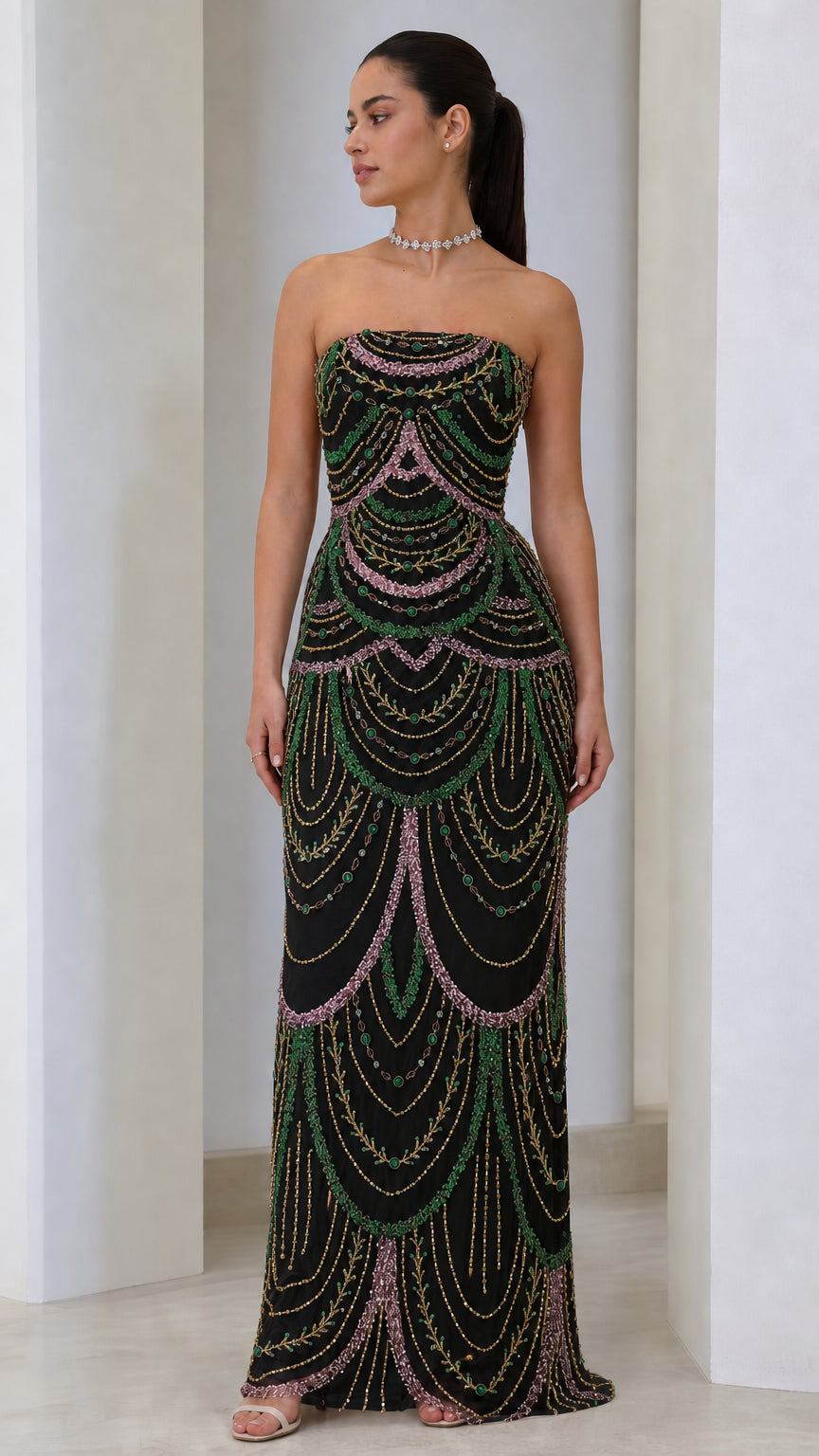 Strapless Scallop Beaded Evening Maxi Dress