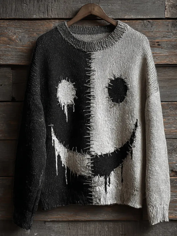 Halloween Ghost Face Black And White Vintage Long-sleeve Round-neck Sweater