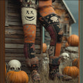 Halloween-themed Knitted Pants With Fun Pumpkin-colored Patchwork Design