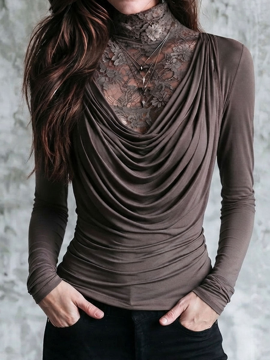 Boho Taupe Lace Mock Neck Draped Cowl Long Sleeve Two-in-One Top