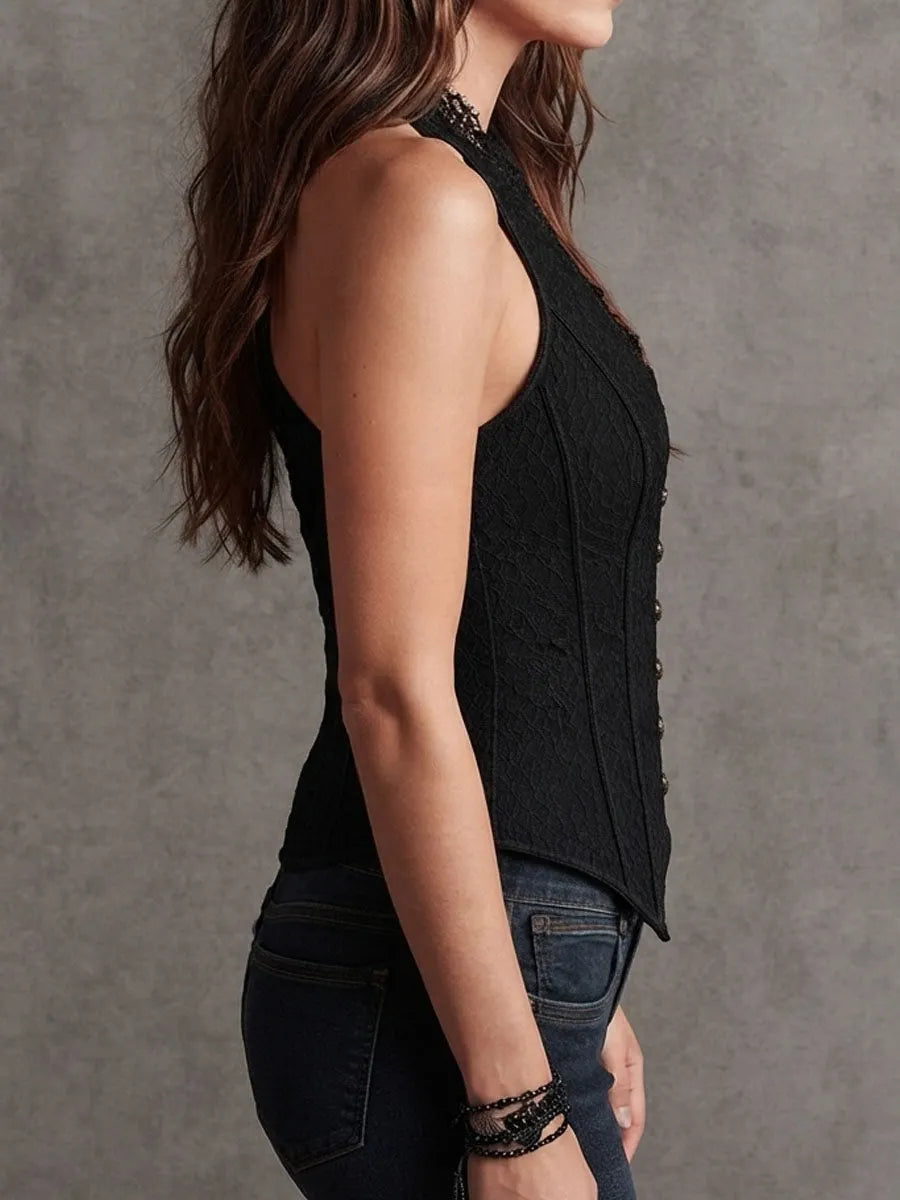 Retro Elegant Black Lace Button-Front Halter Corset Vest