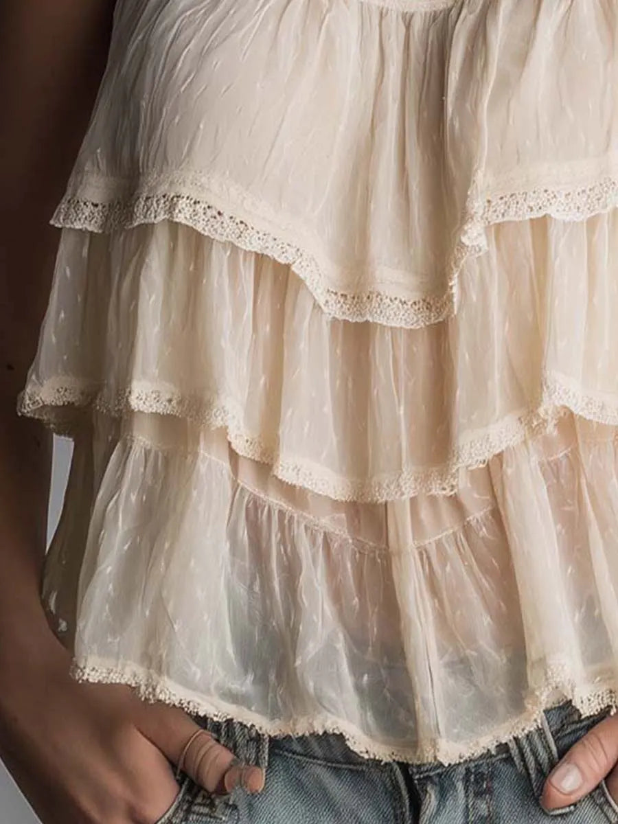Boho Lace Halter Tiered Ruffle Sleeveless Tank Top