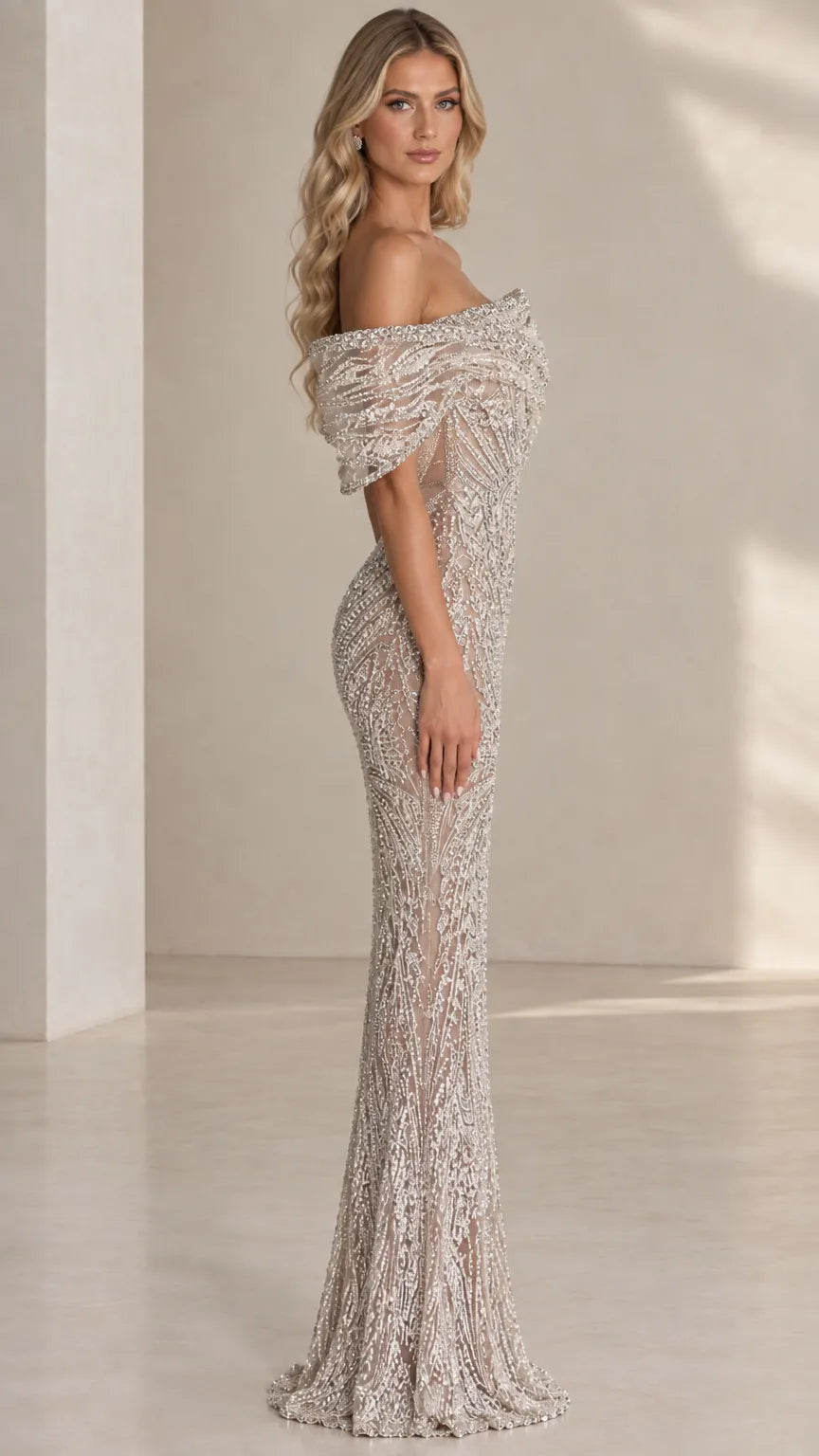 Off-The-Shoulder Beaded Mermaid Evening Gown with Sculpted Capelet Sleeves