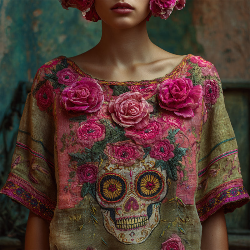 Day Of The Dead Pink Roses Sugar Skull Embroidered Linen Shirt
