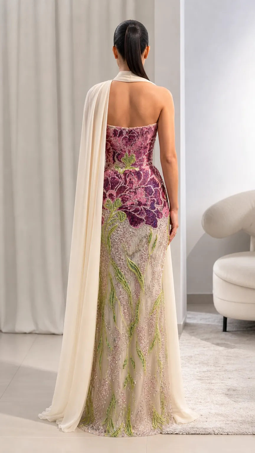 Strapless Floral Beaded Evening Gown with Matching Chiffon Cape Scarf