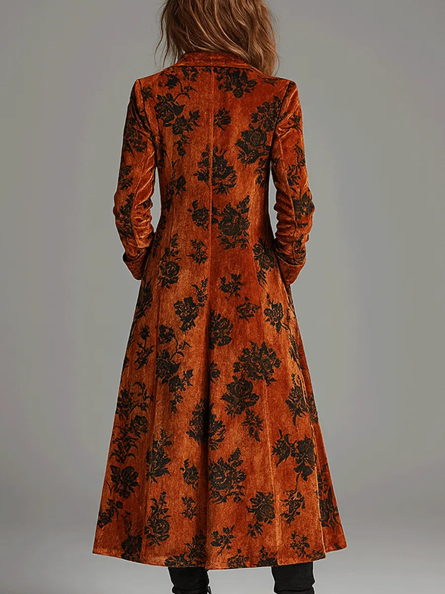 Vintage Burnt Orange Velvet Floral Maxi Coat
