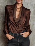 Vintage Draped Neckline Satin Long-sleeve Blouse With Lace Trim