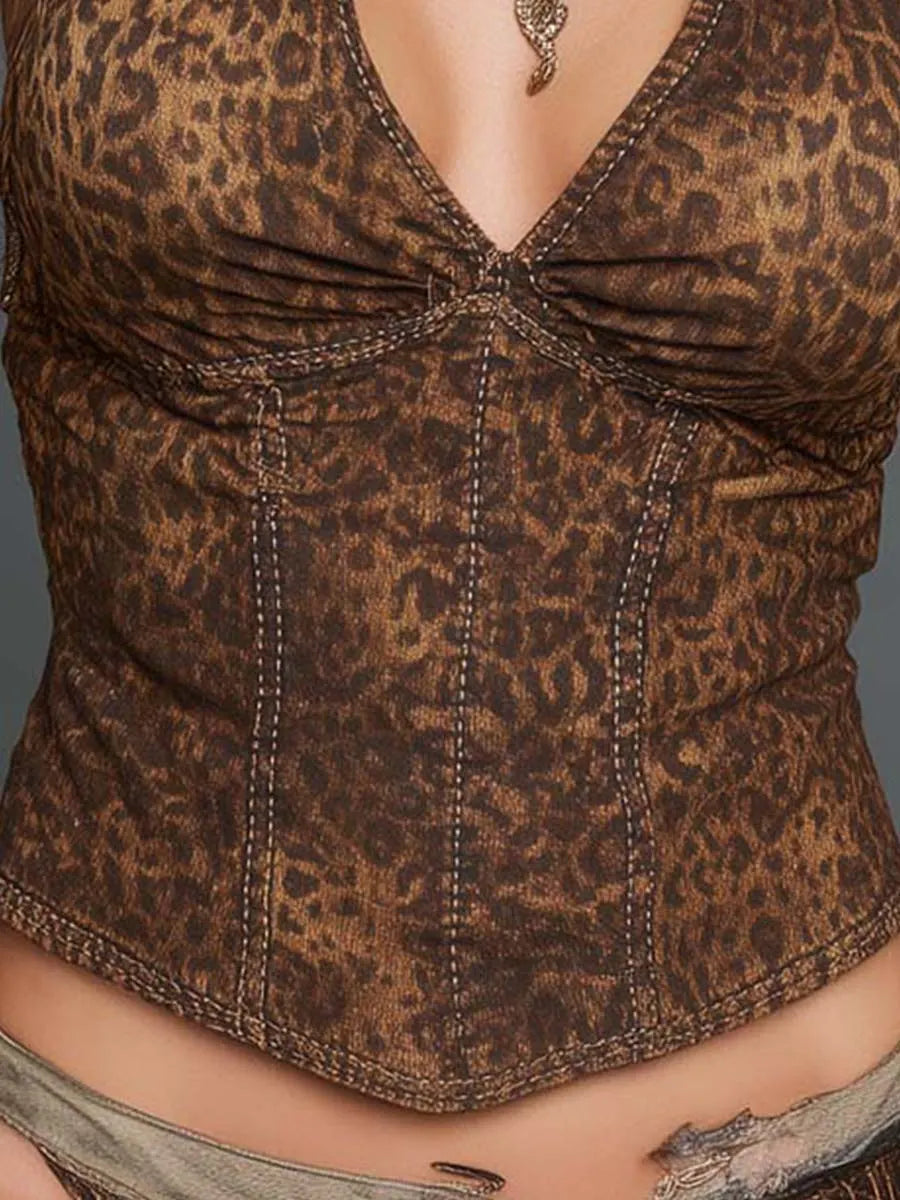 Criss-cross Halter-neck Denim Leopard-print Cropped Corset Top