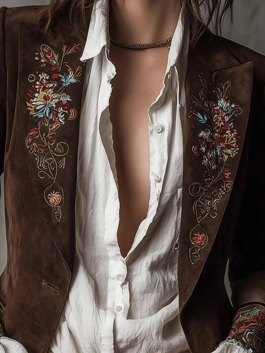 Vintage Brown Suede Blazer With Embroidered Details