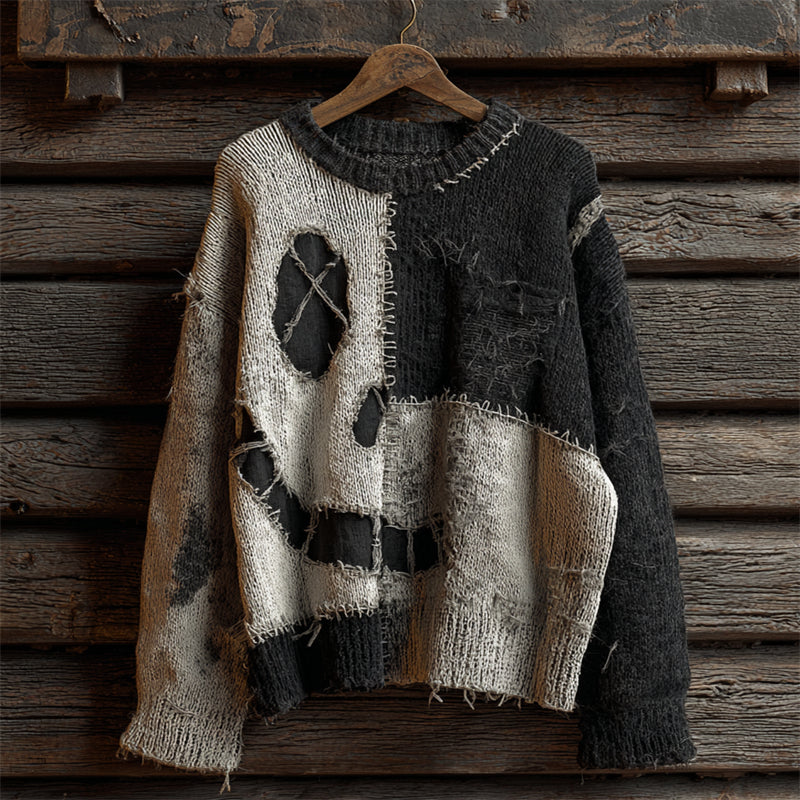 Halloween Spooky Face Contrast Colorblock Stitched Cozy Knit Sweater