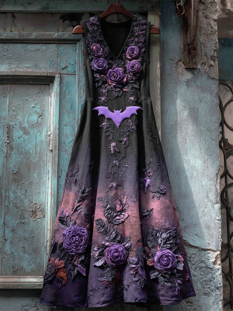 Vintage Halloween Bat & Dark Rose Gradient Women's Vest Midi Dress