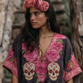 Day Of The Dead Glitter Pink Roses Sugar Skulls Embroidered Linen Shirt