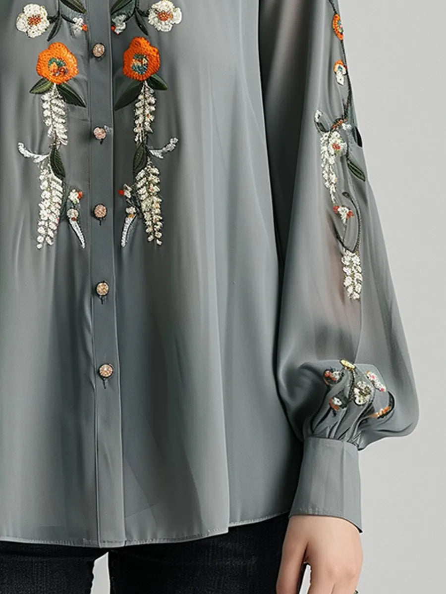 (clearance)Floral Embroidered Commuter Long-sleeved Shirt