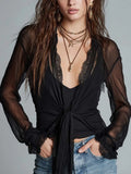 Vintage Tie Detail Lace-trim Sheer Blouse