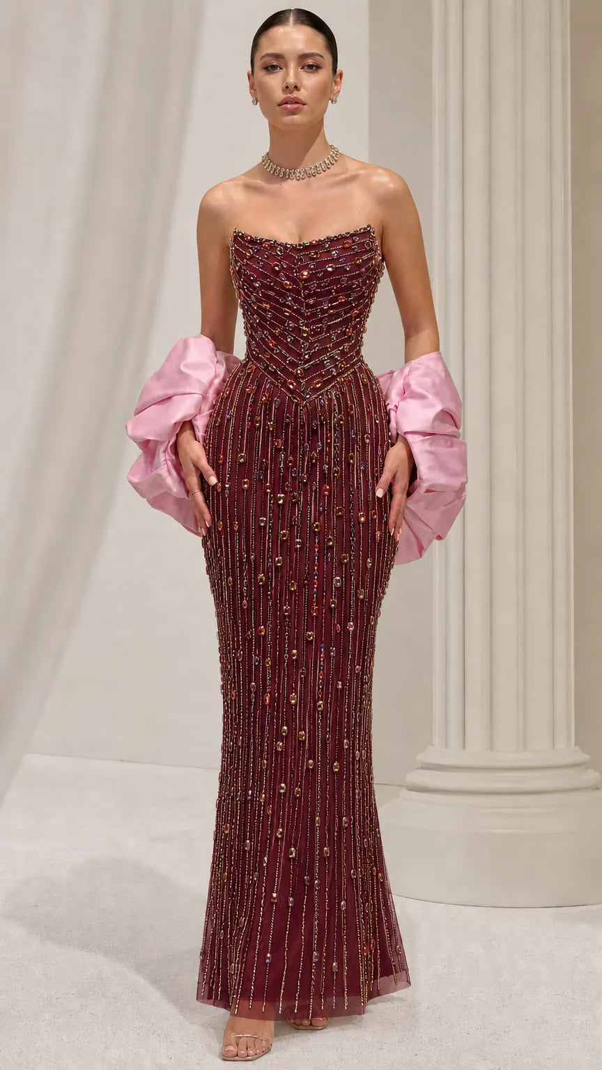 Strapless Beaded Column Evening Gown with Dramatic Puff Sleeves