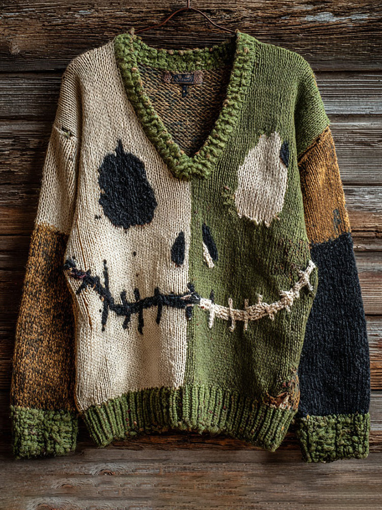 Halloween Spooky Face Contrast Stitching Comfortable Knitted V-neck Sweater