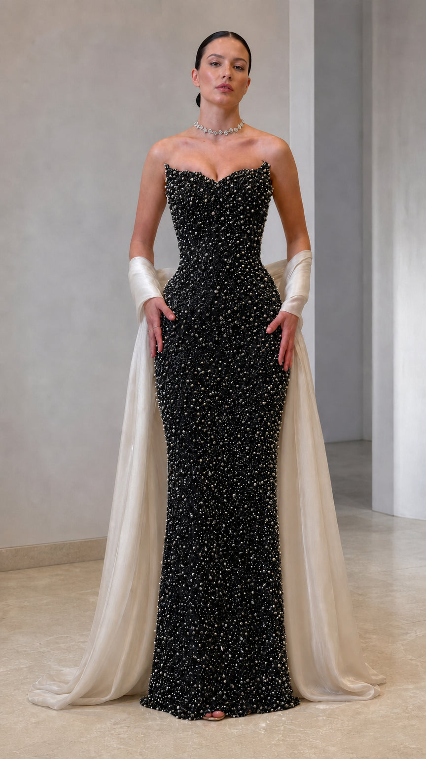 Strapless Pearl Embellished Evening Gown with Draped Shawl Train