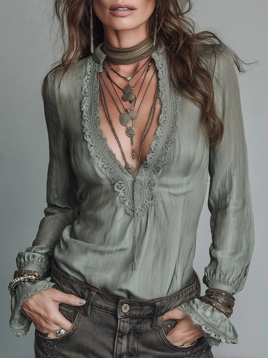 Vintage-style Tencel Blouse With Lace-trimmed Tapered Cuffs