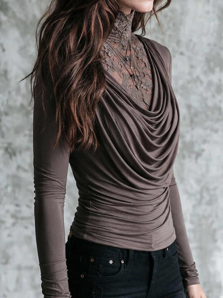 Boho Taupe Lace Mock Neck Draped Cowl Long Sleeve Two-in-One Top