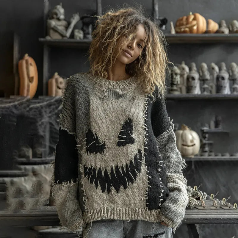 Halloween Spooky Face Contrast Stitched Cozy Knit Sweater