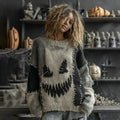 Halloween Spooky Face Contrast Stitched Cozy Knit Sweater