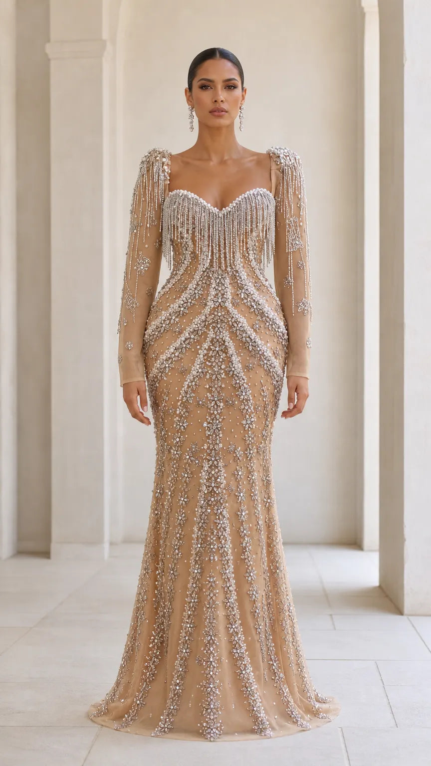 Beaded Long Sleeve Mermaid Evening Gown with Fringe Sweetheart Neckline