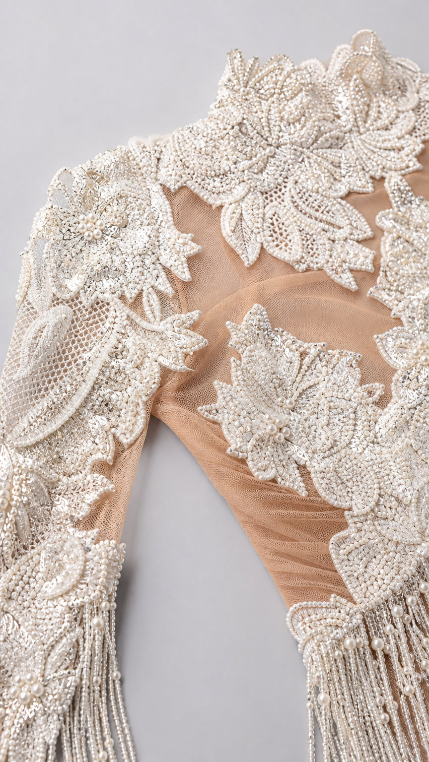 Asymmetric Embroidered Lace Cutout Fringe Evening Maxi Dress