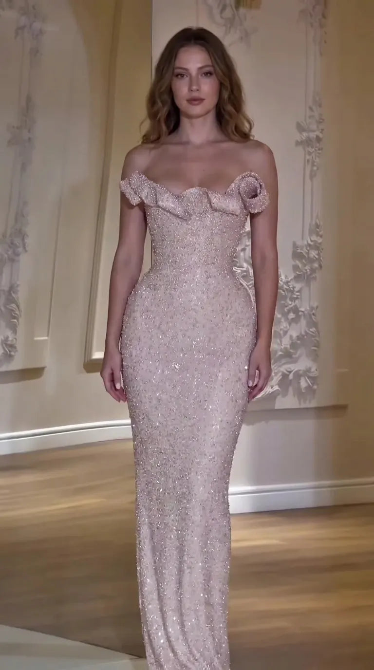 Off-The-Shoulder Beaded Rosette Evening Gown
