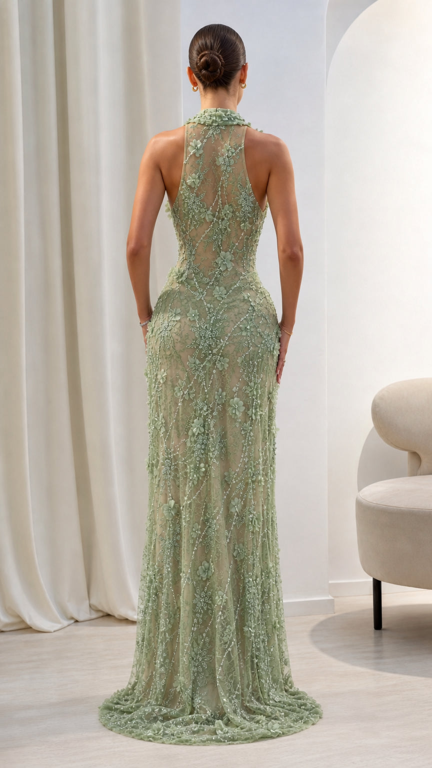 Floral Applique Beaded Halter Evening Gown with High Slit