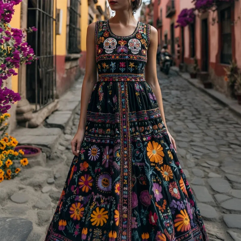 Day Of The Dead Sugar Skulls Floral Embroidered Linen Maxi Dress