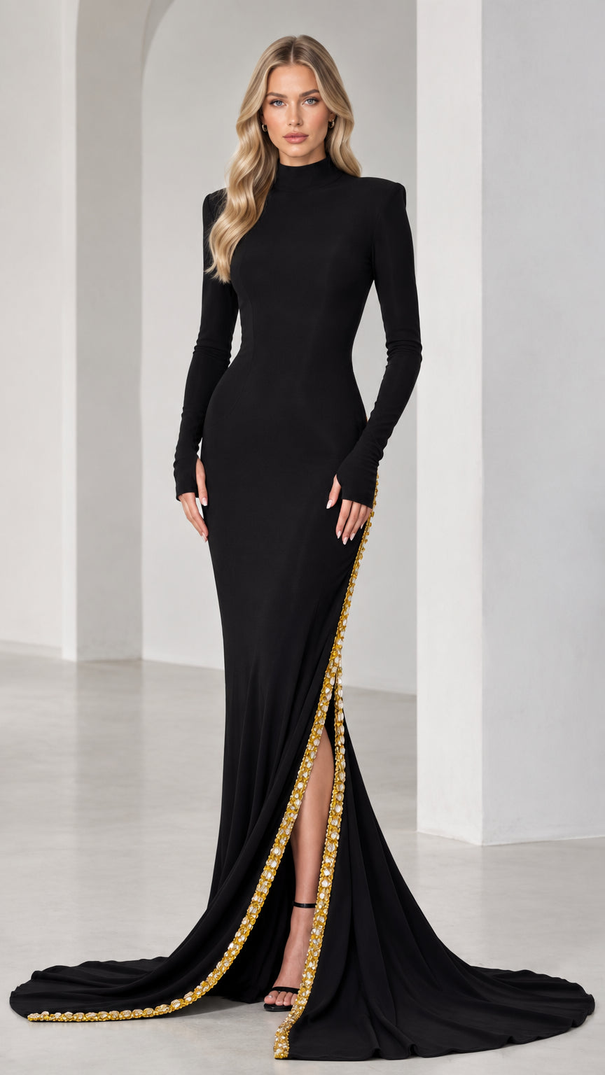 High Neck Long Sleeve Embellished Slit Evening Gown with Train
