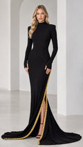 High Neck Long Sleeve Embellished Slit Evening Gown with Train