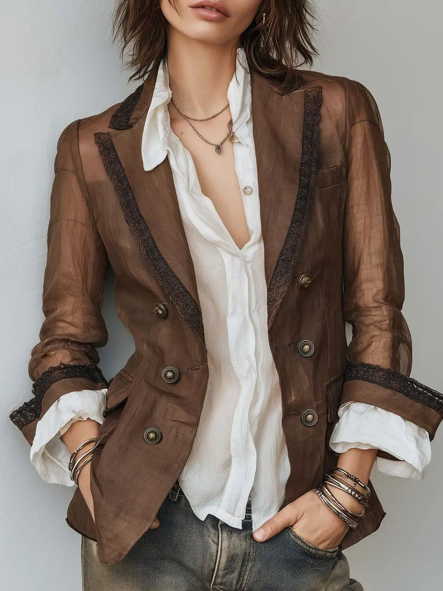 Vintage Sheer Sleeves Lace Trim Cotton-linen Blazer
