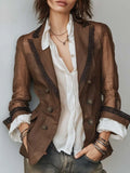 Vintage Sheer Sleeves Lace Trim Cotton-linen Blazer