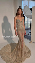 Strapless Beaded Sweetheart Mermaid Evening Gown with Dramatic Train
