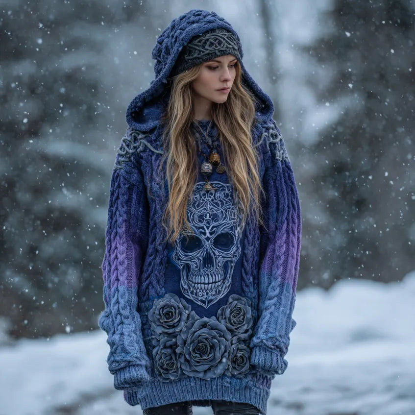 Women's Viking Tribal Jacquard Celtic With Rose And Skull Inspired Chunky Knit Hooded Sweater
