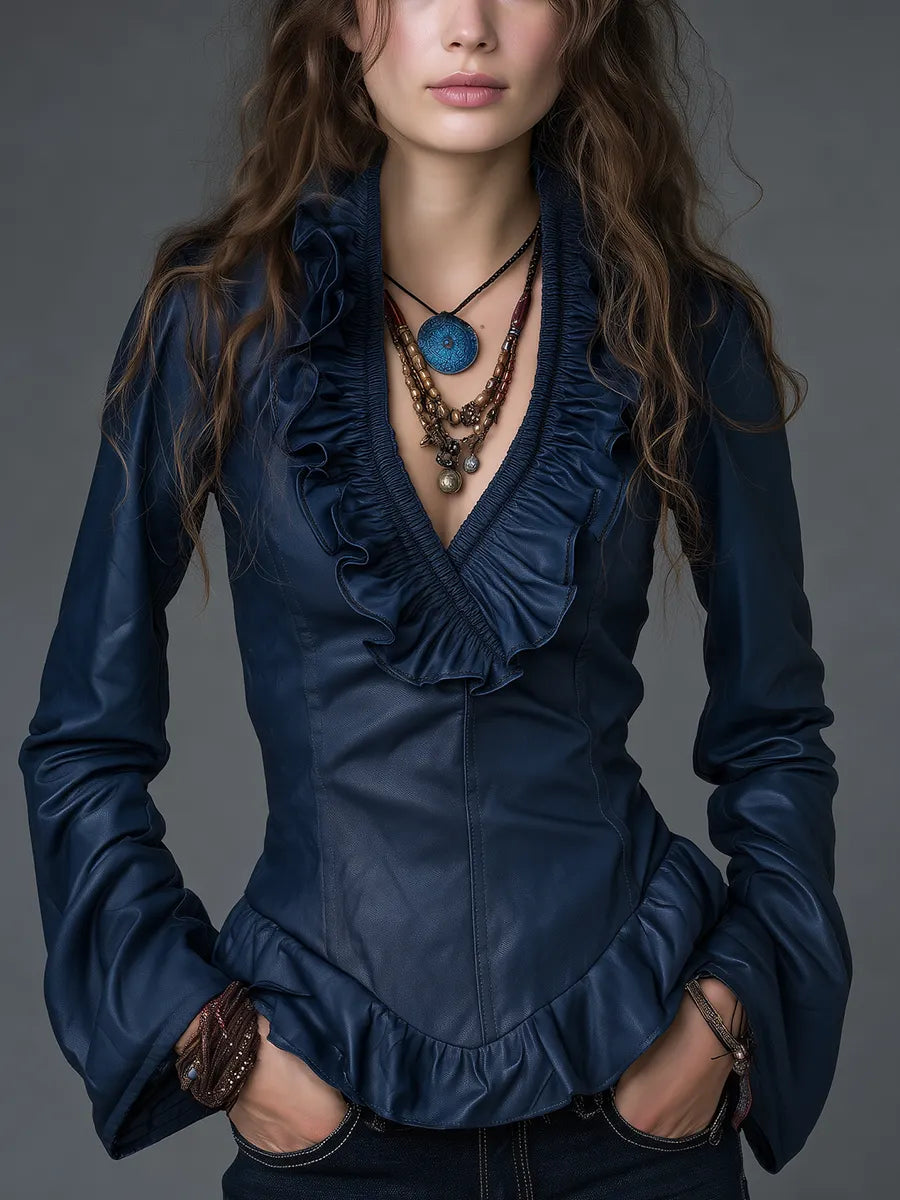 Vintage Navy Ruffle Tie-Front Top