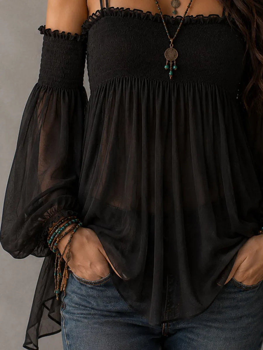 Boho Romantic Black Sheer Chiffon Smocked Bodice Blouse