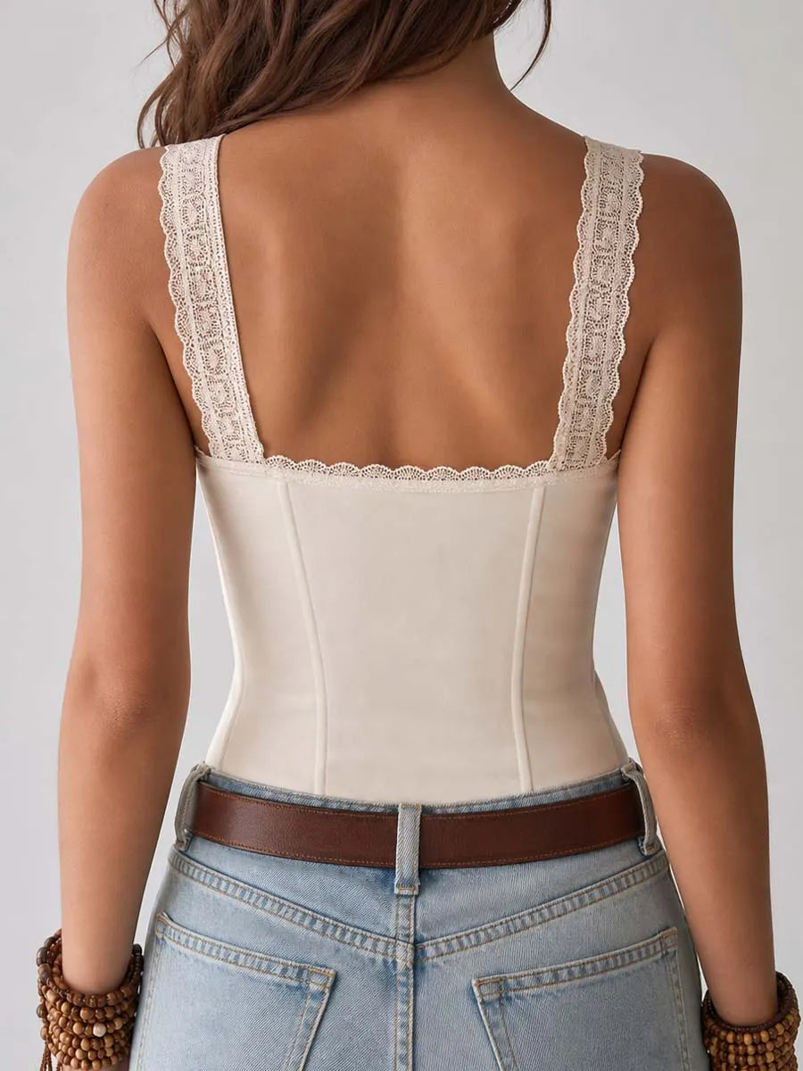 Vintage Sweetheart Neck Lace Trim Corset Vest