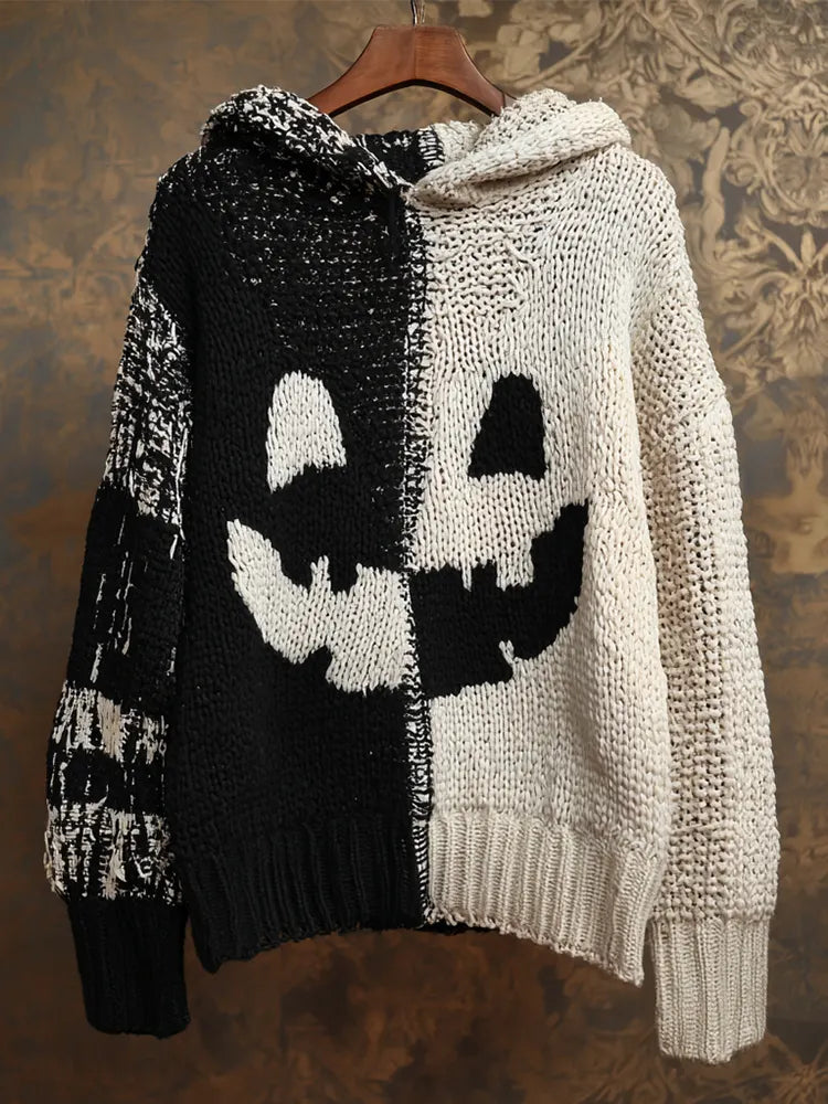 Halloween Pumpkin Face Contrast Color Knitted Hooded Sweater