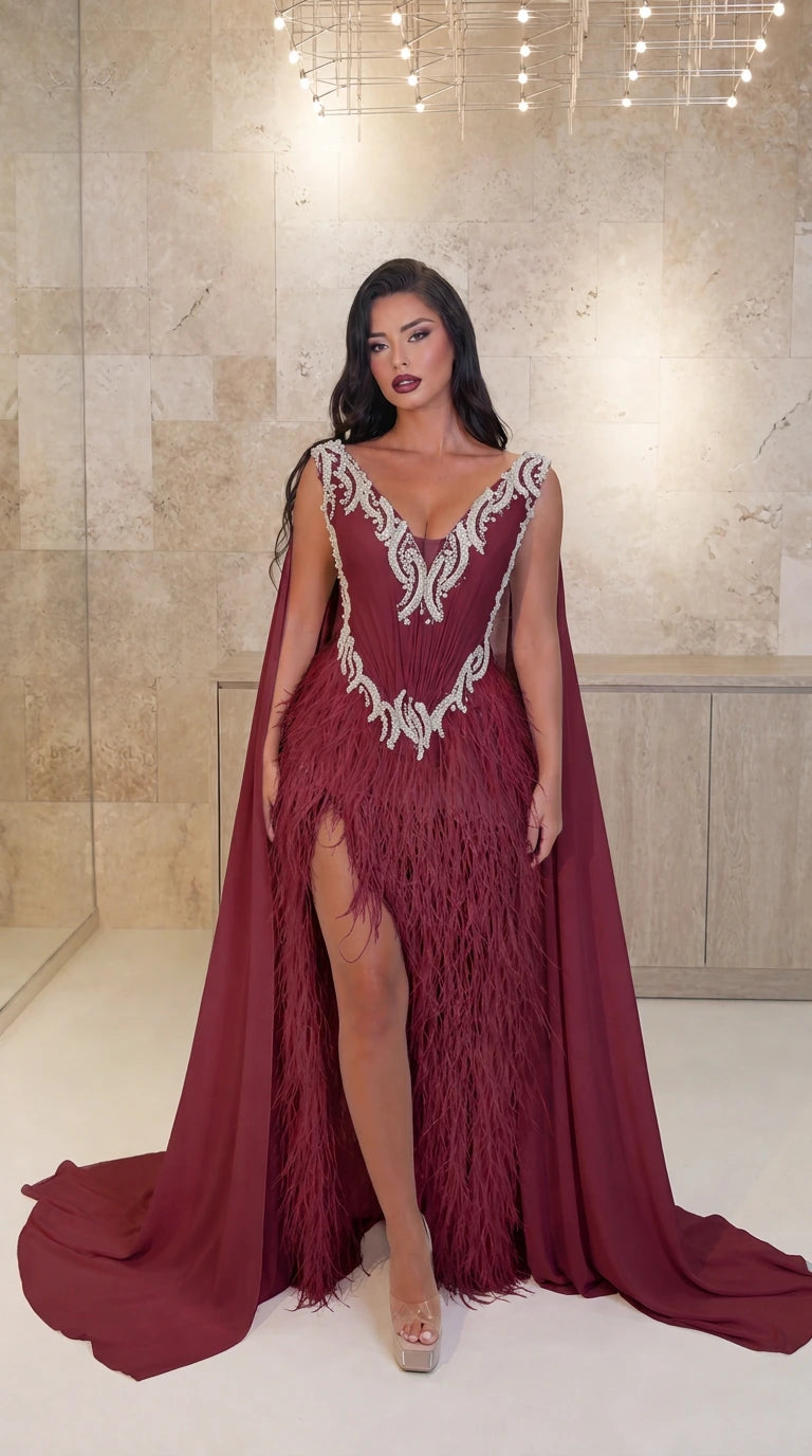 Embellished V-Neck Feather-Fringed Cape Evening Gown with Slit