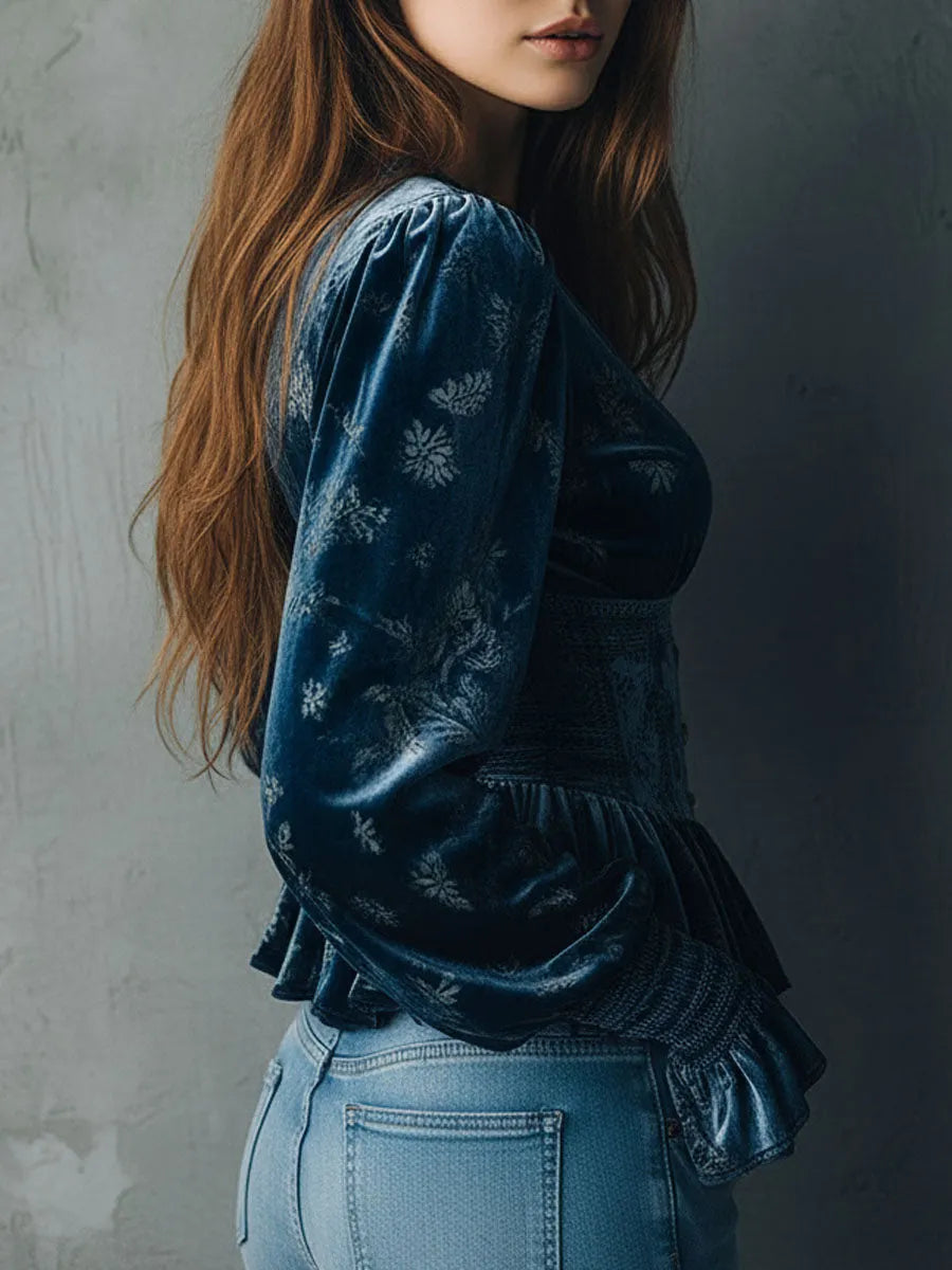 Vintage Blue Velvet Floral Print Corset Style Blouse
